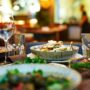 Served table with tasty food in restaurant