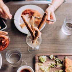 Women at brunch in a restaurant - food from above